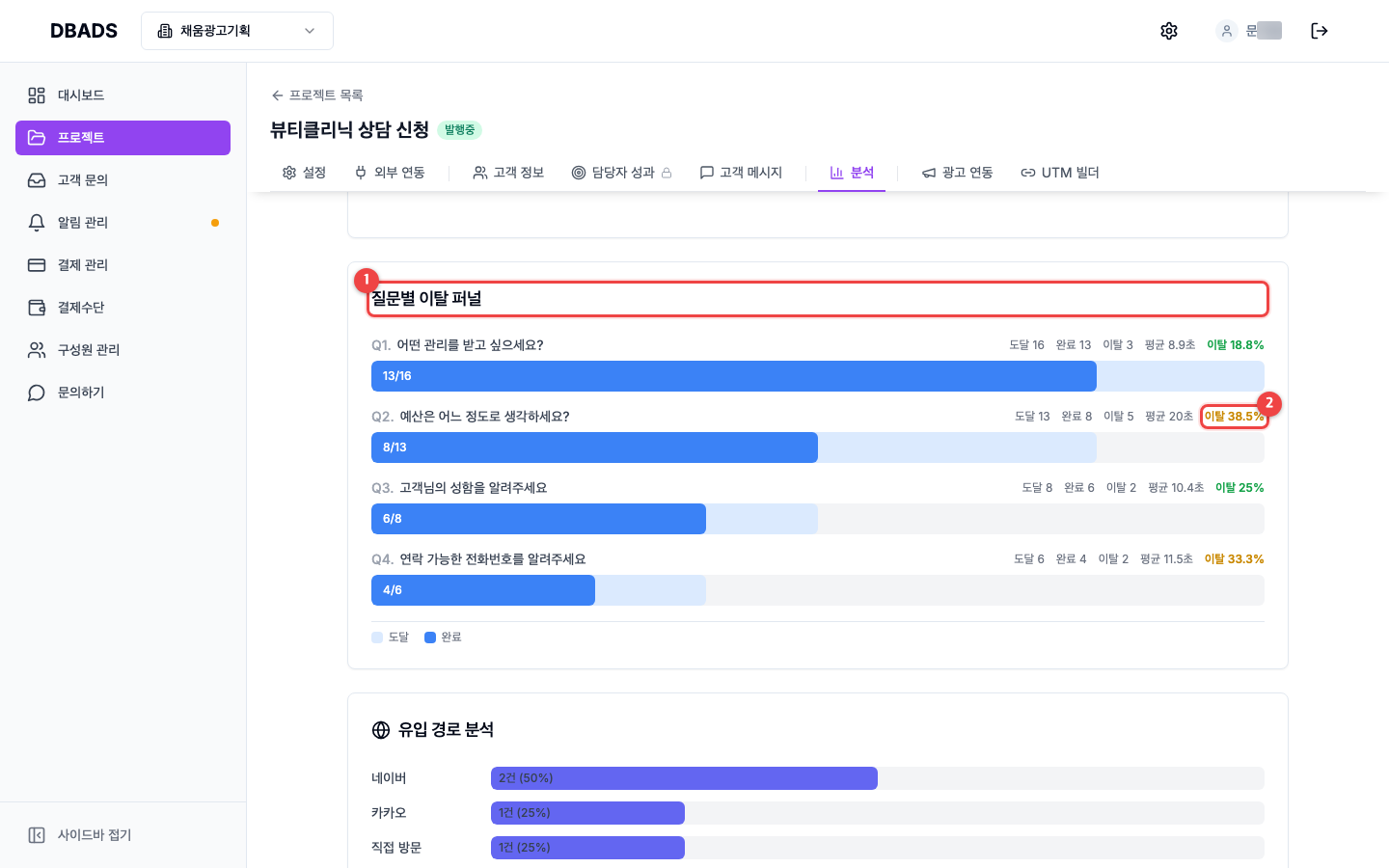 방문 분석과 광고 링크 — 질문별 이탈 퍼널 — 어느 질문에서 나가는지 화면 (캡처 3)